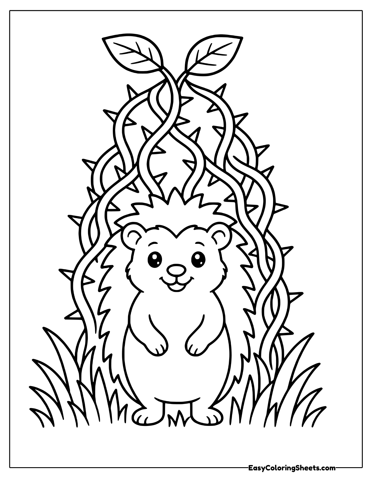 Hedgehog nestled under an arch of thorny bramble vines