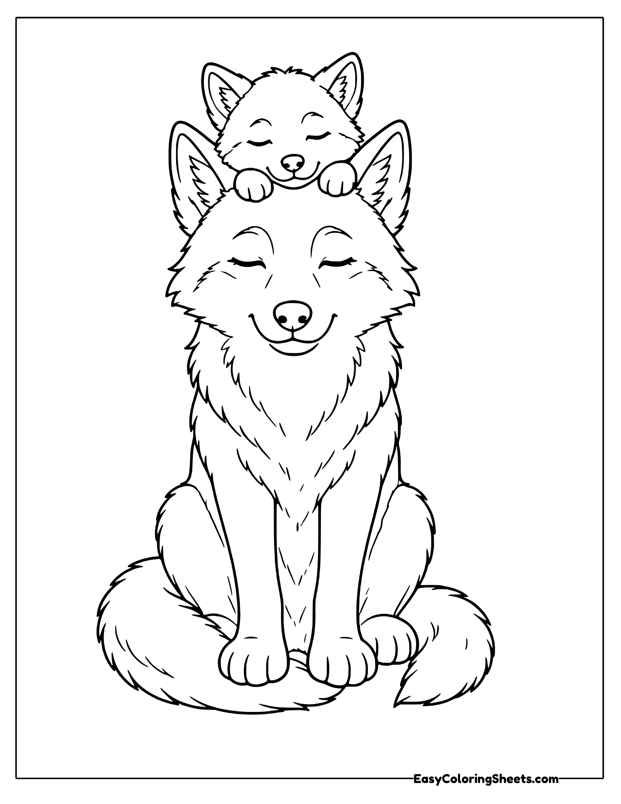 Wolf pup sitting on its mother's head