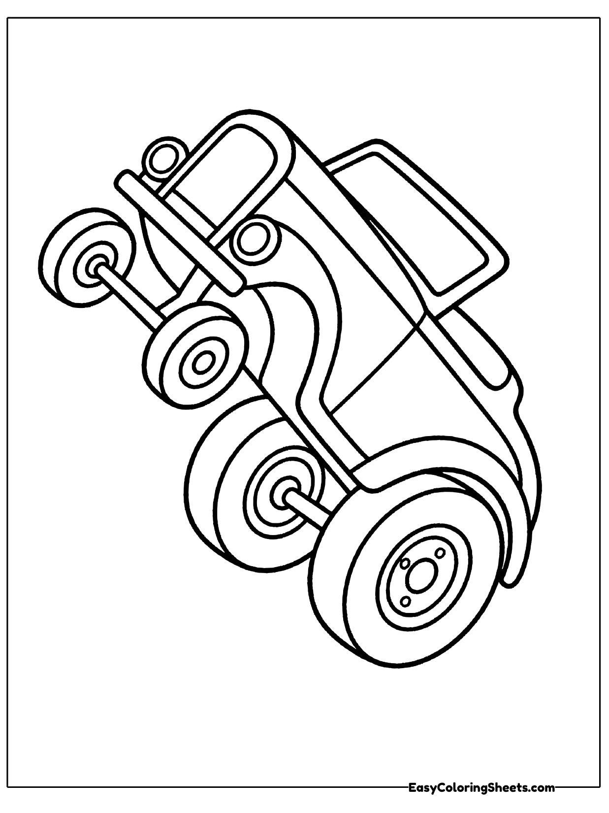 This simple hot rod uses bold, thick outlines with large wheels and a blocky body, tilted at an angle.