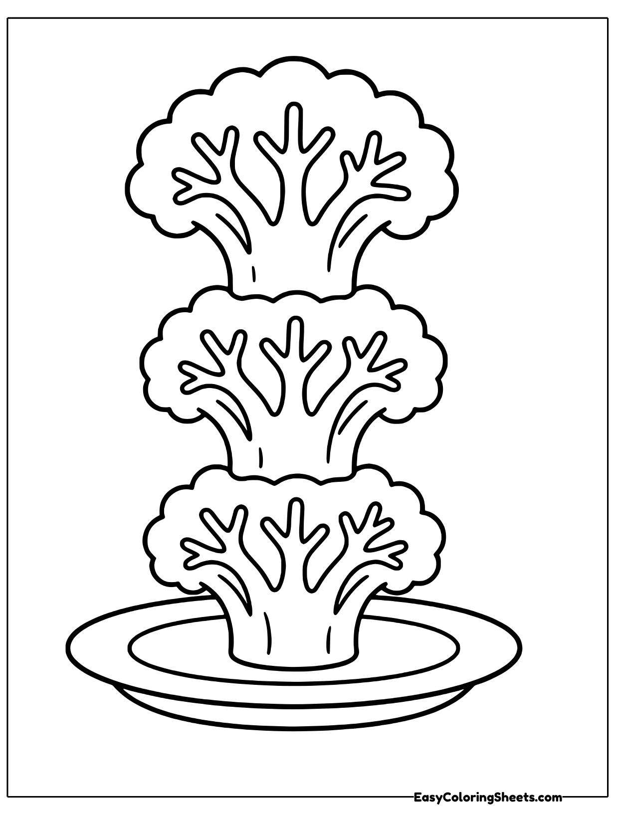 Three broccoli florets are stacked one on top of the other on a small plate, making a wobbly leafy tower.