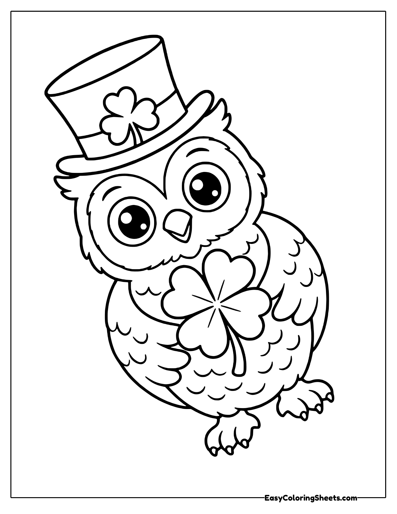 Big eyed owl in a leprechaun top hat holding a four leaf clover