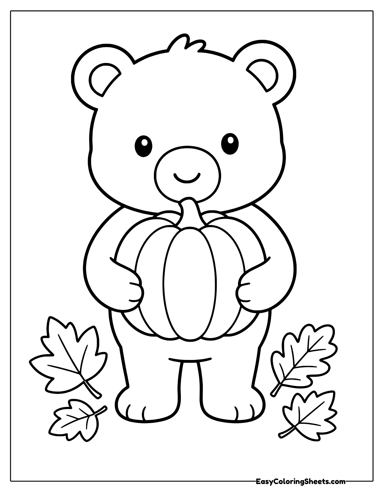 Cute bear holding a big pumpkin with autumn leaves