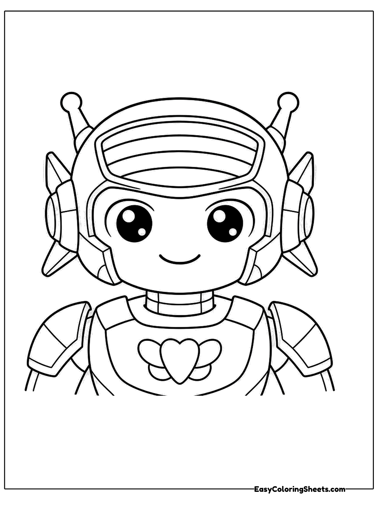 A cute robot character portrait shows a round helmet with ear pieces, big shiny eyes and a heart symbol on its chest plate.