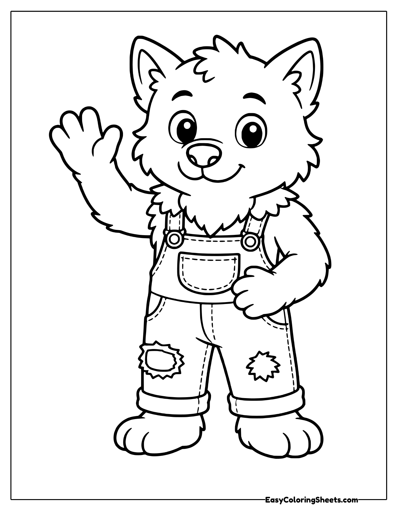 Werewolf in patched overalls waving
