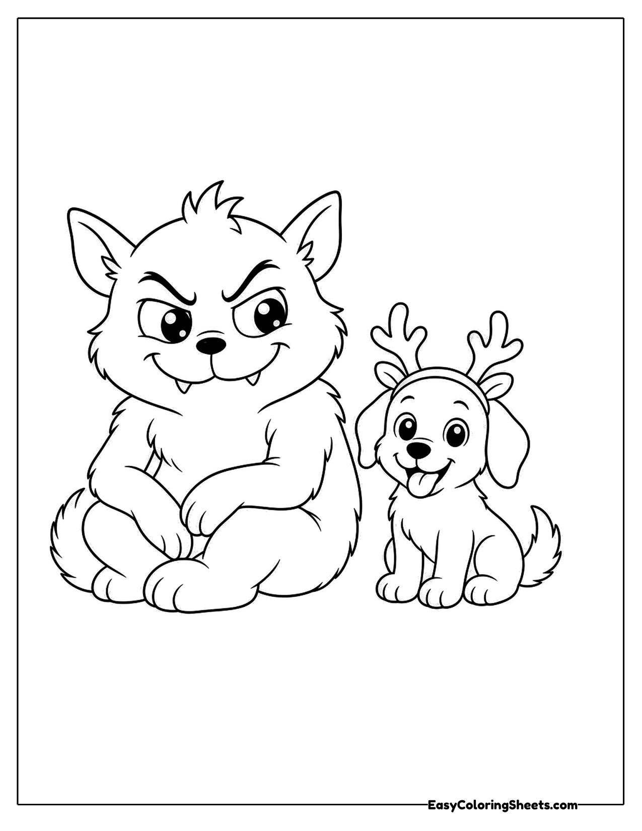Grumpy furry creature sitting next to a small dog with antlers