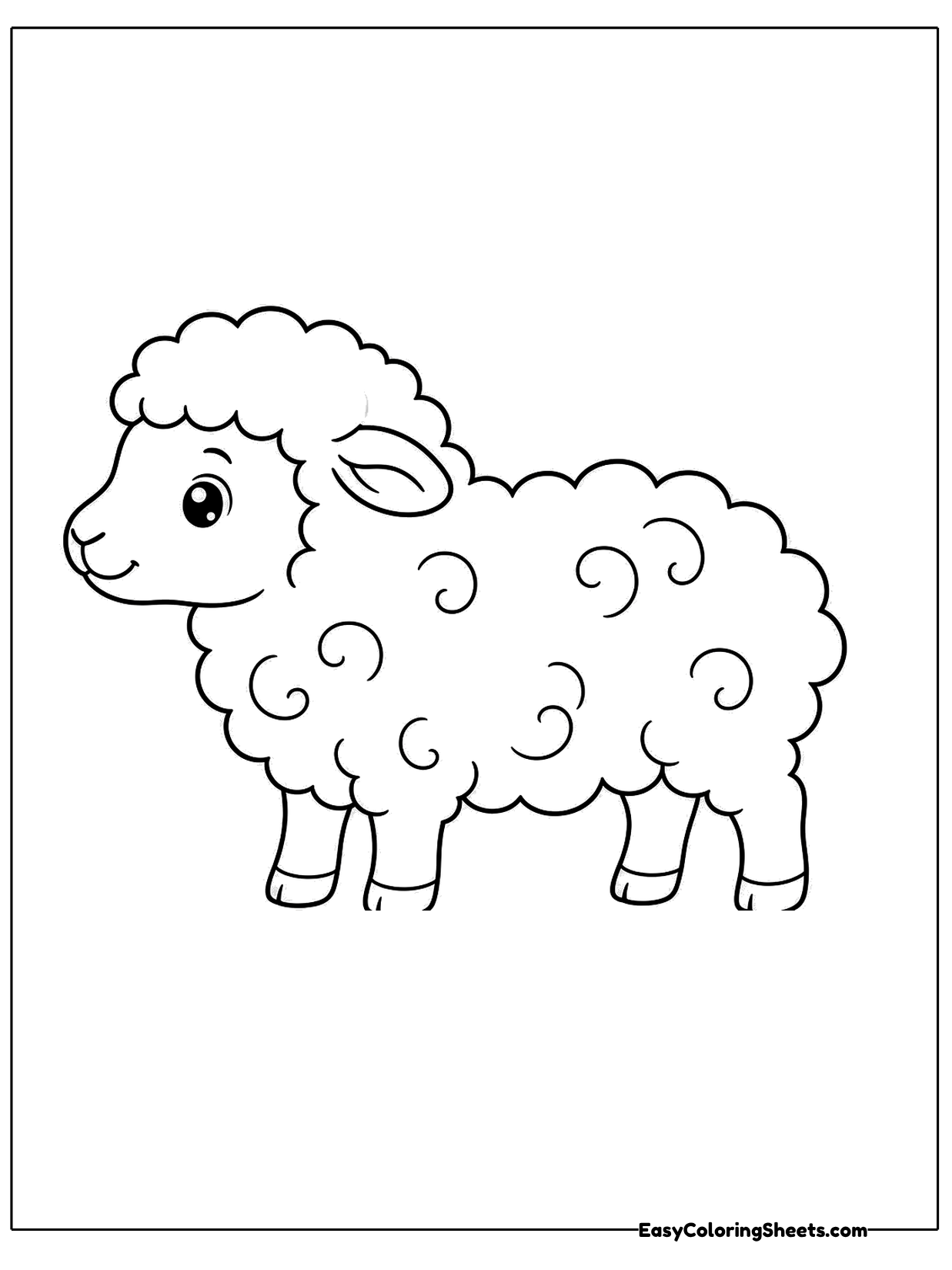 A woolly sheep walks to the left in a side profile, its coat drawn with dozens of curly loops.