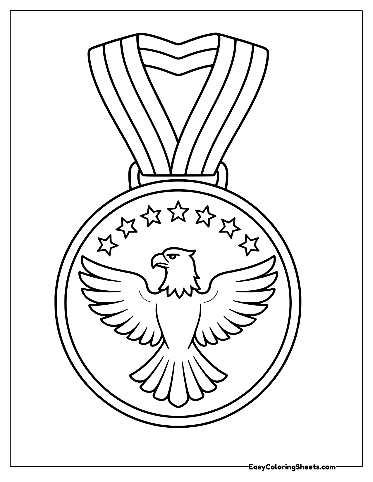 Round medal with an eagle and stars hanging from a striped ribbon