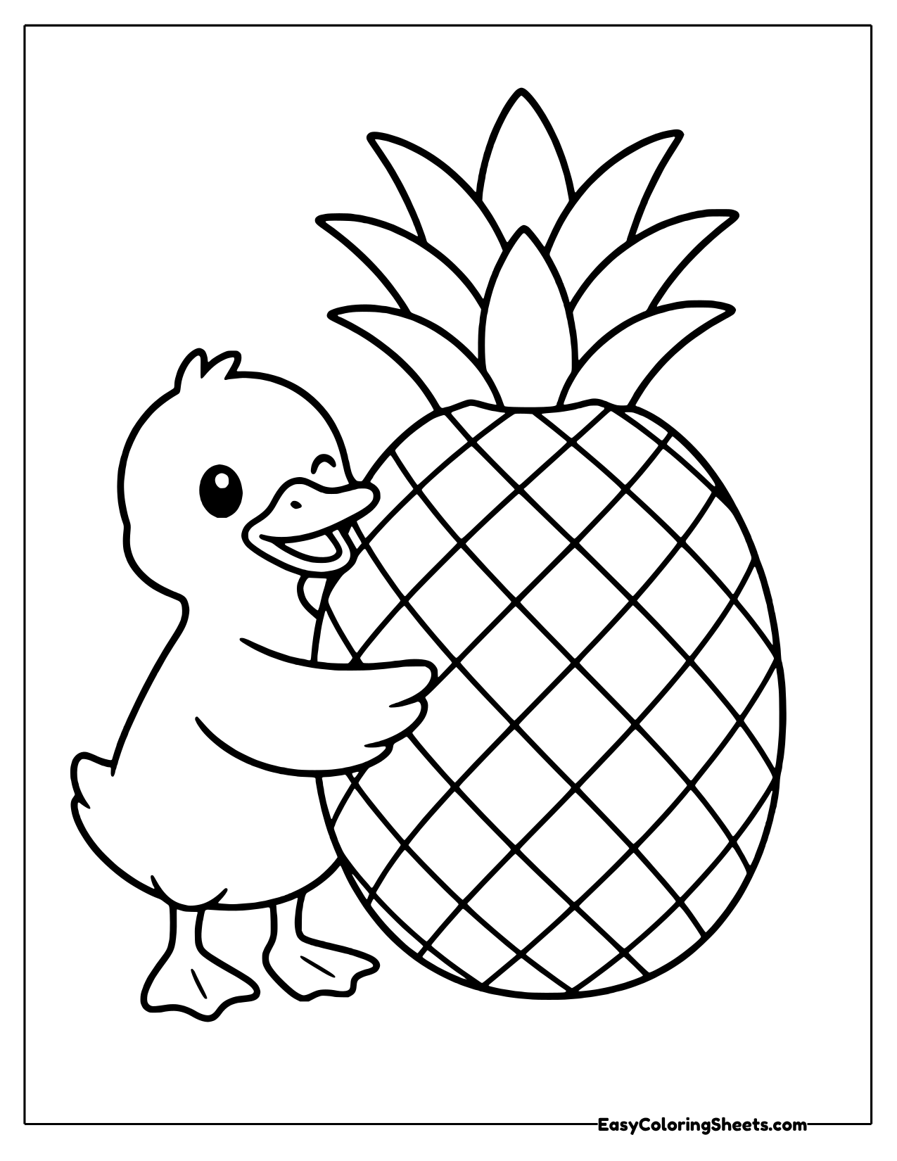 Fluffy duckling wrapping its wings around a giant crisscross pineapple