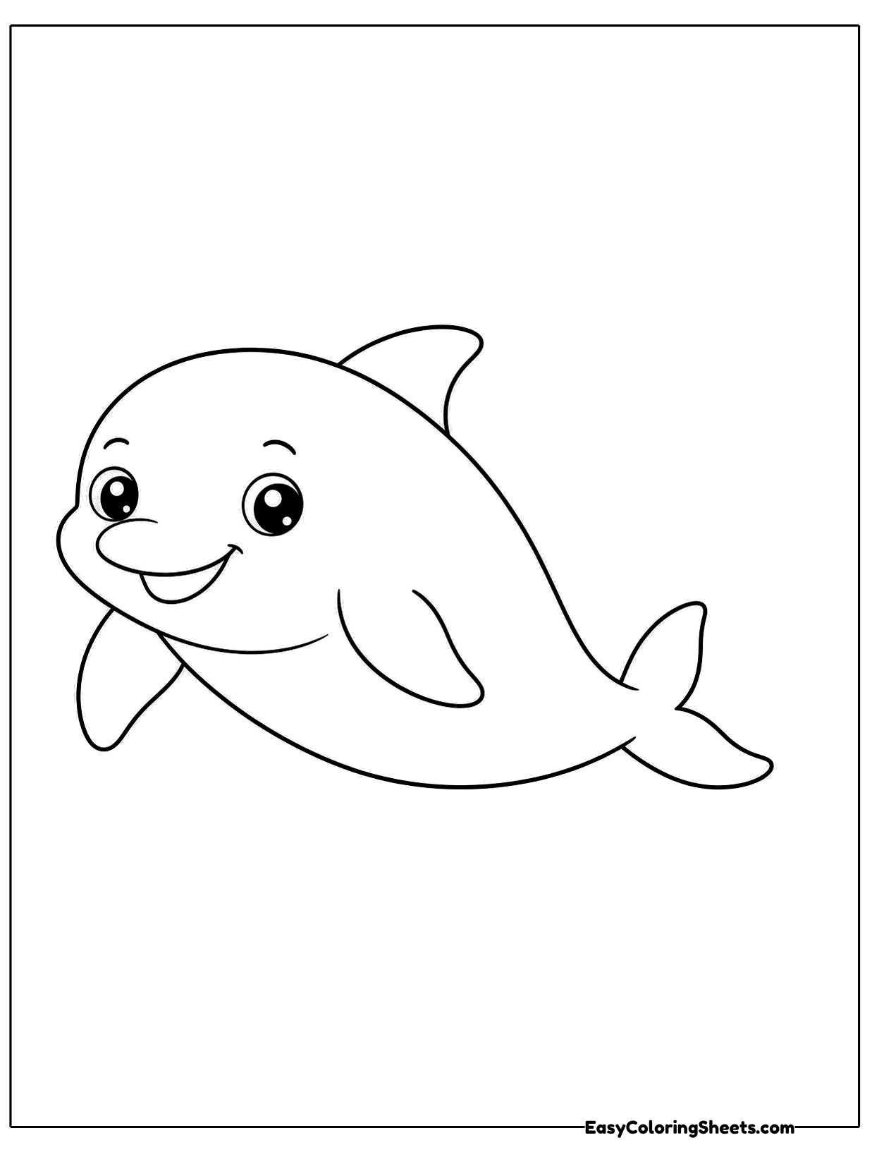 A chubby dolphin with big eyes floats calmly with a small smile and a spot on its cheek.