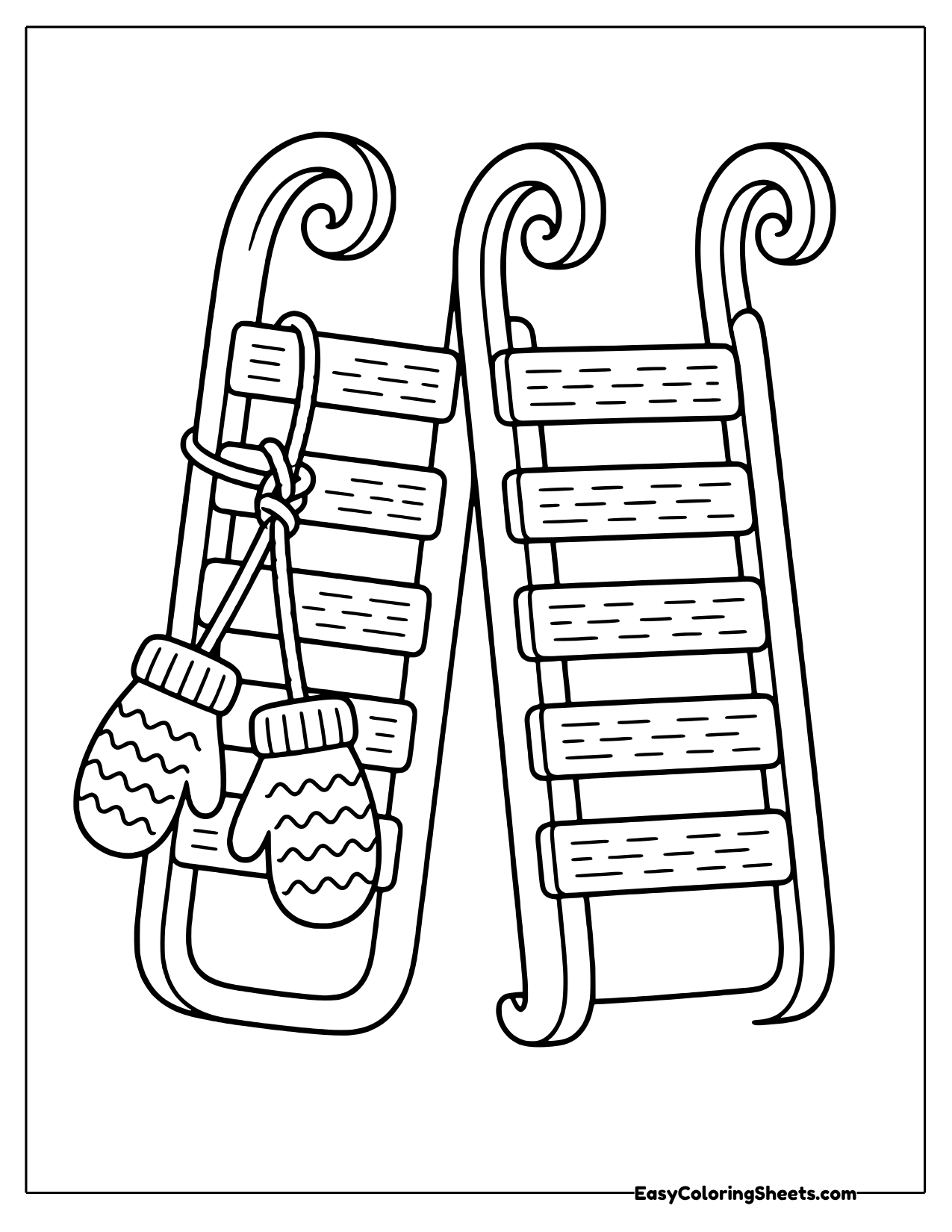 Two sleds standing side by side with mittens