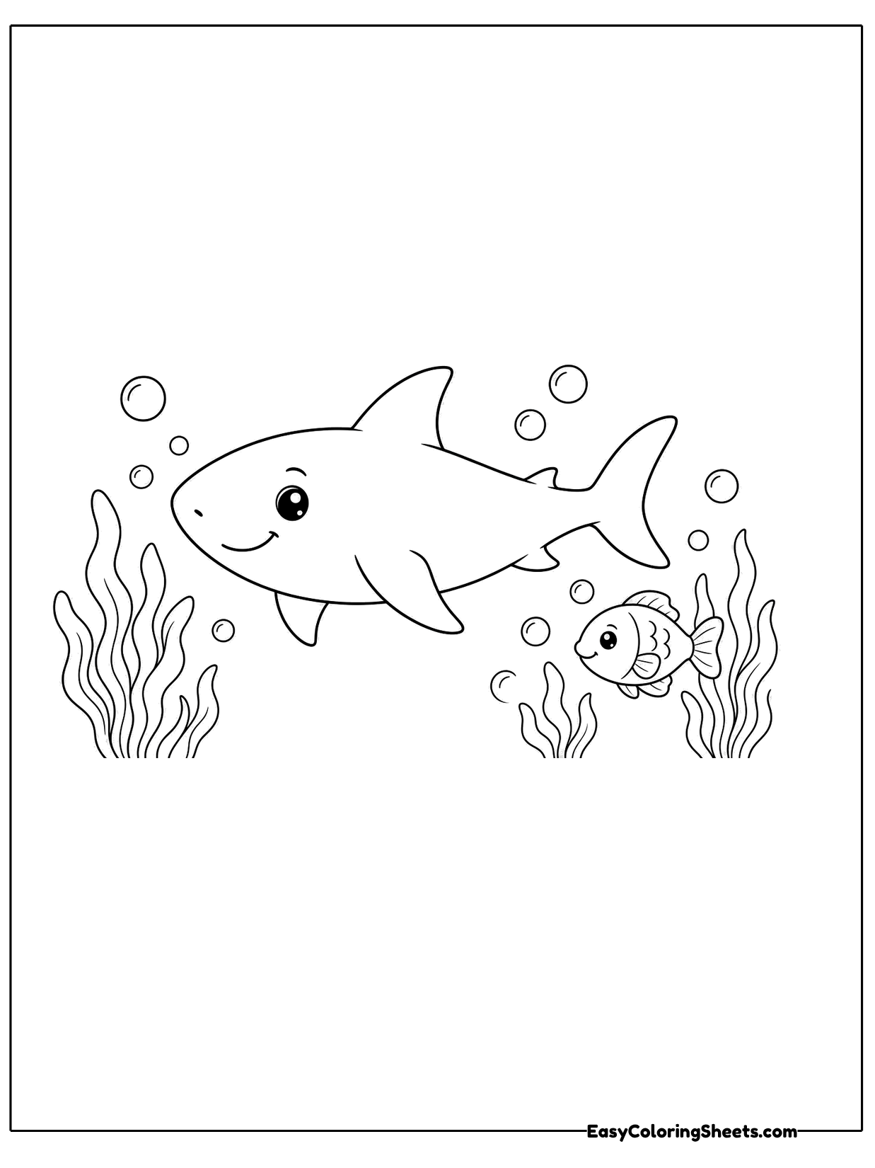 A friendly shark swims among seaweed with a little fish nearby.