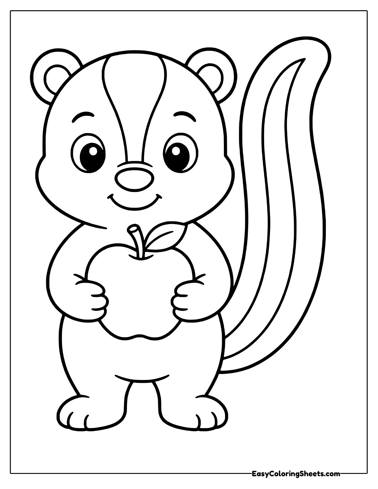 Upright skunk with a tall striped tail holding an apple