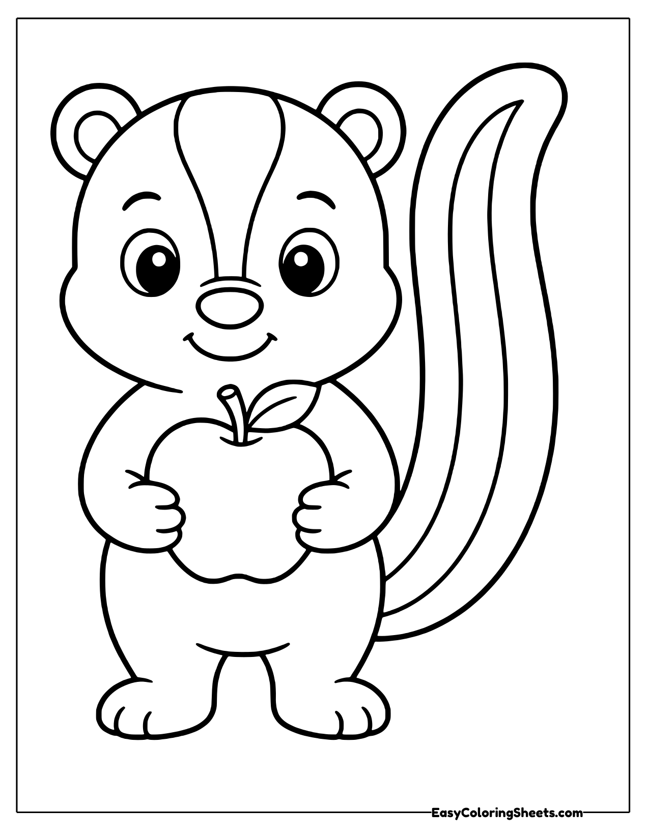 Upright skunk with a tall striped tail holding an apple