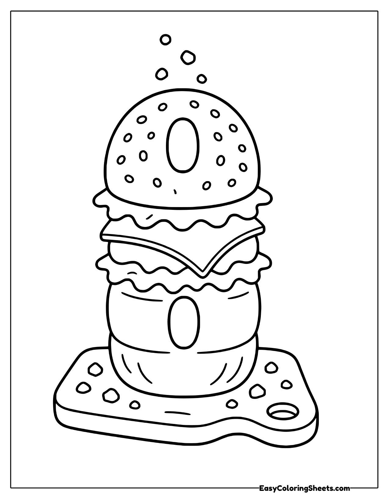 A bagel sandwich stands upright with layers of fillings between halves, sitting on a cutting board.