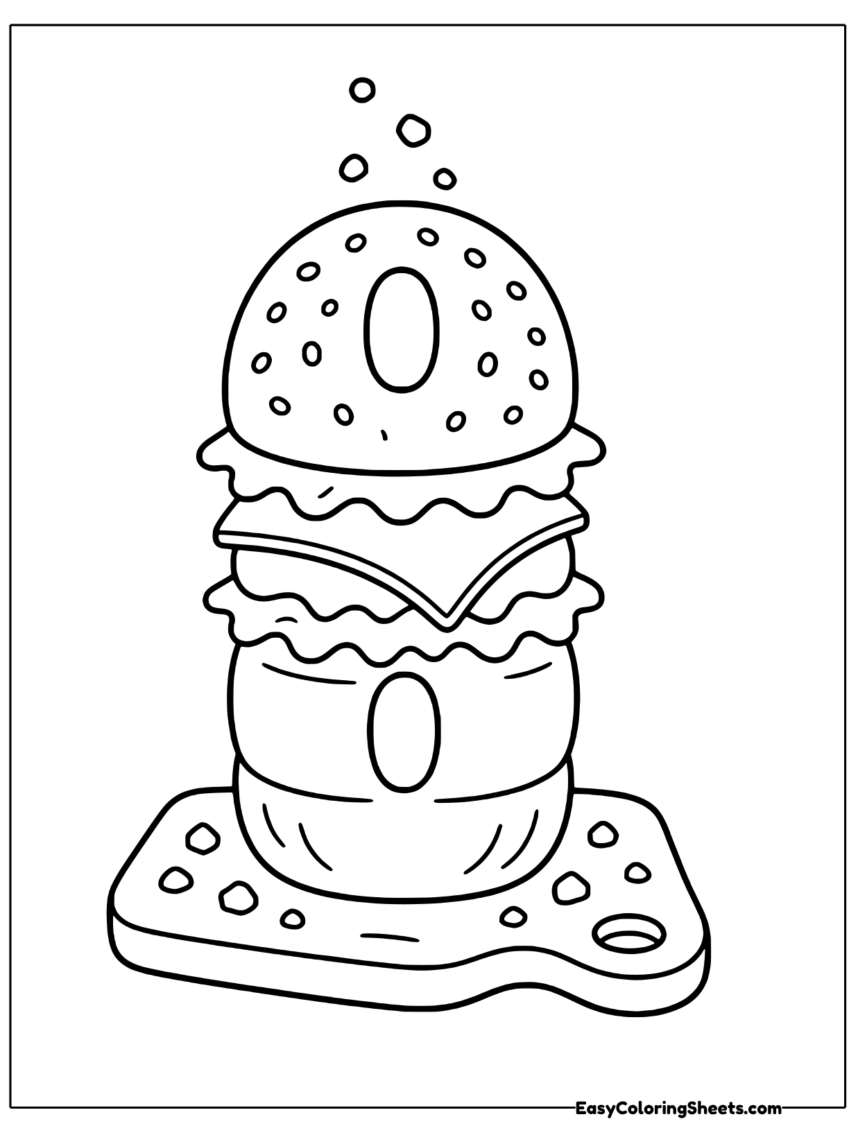 A bagel sandwich stands upright with layers of fillings between halves, sitting on a cutting board.