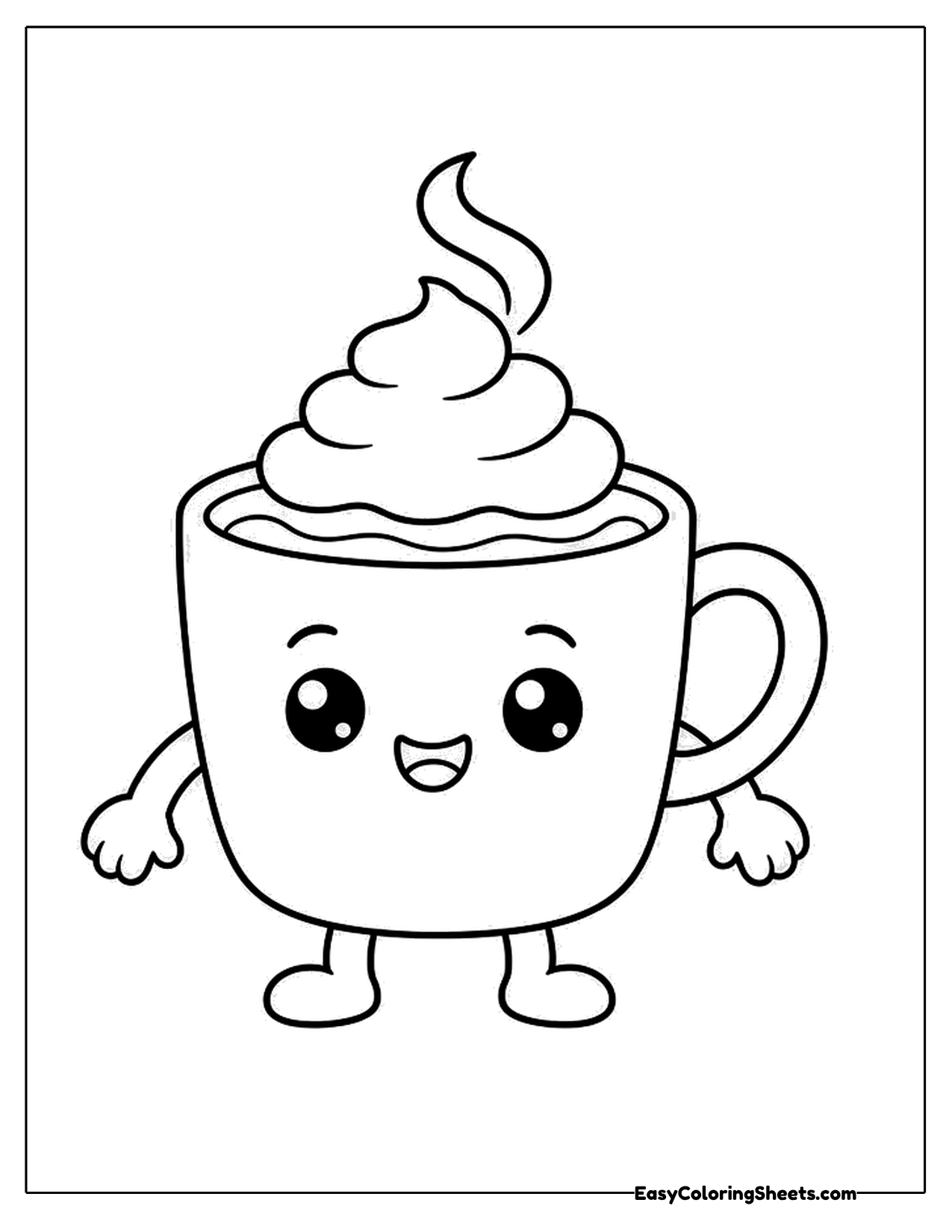 Mug of cocoa character with whipped cream and little arms