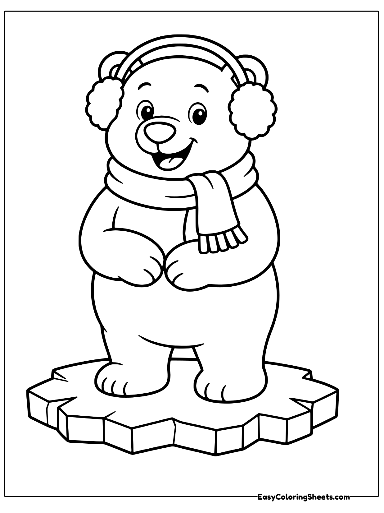 A polar bear stands on an ice block wearing fluffy earmuffs and a scarf.