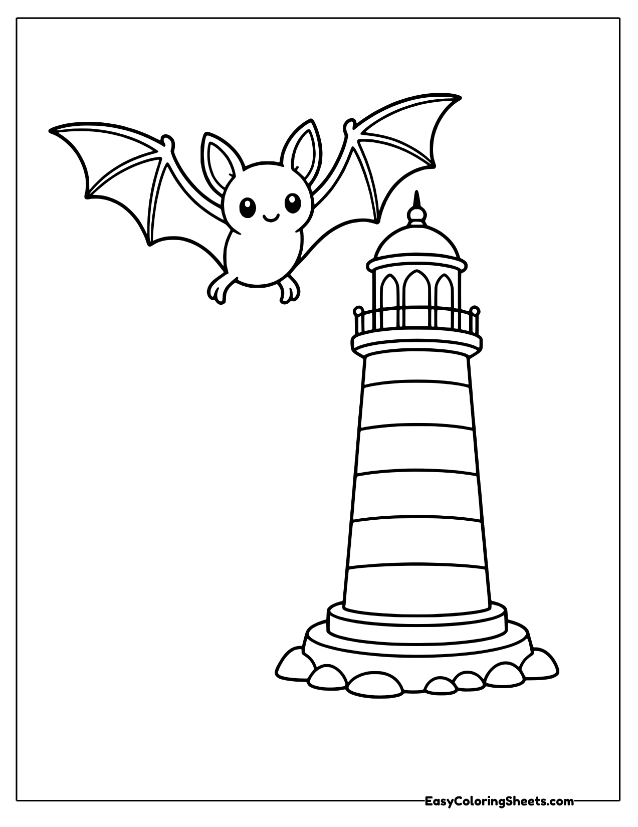 Bat flying next to a lighthouse