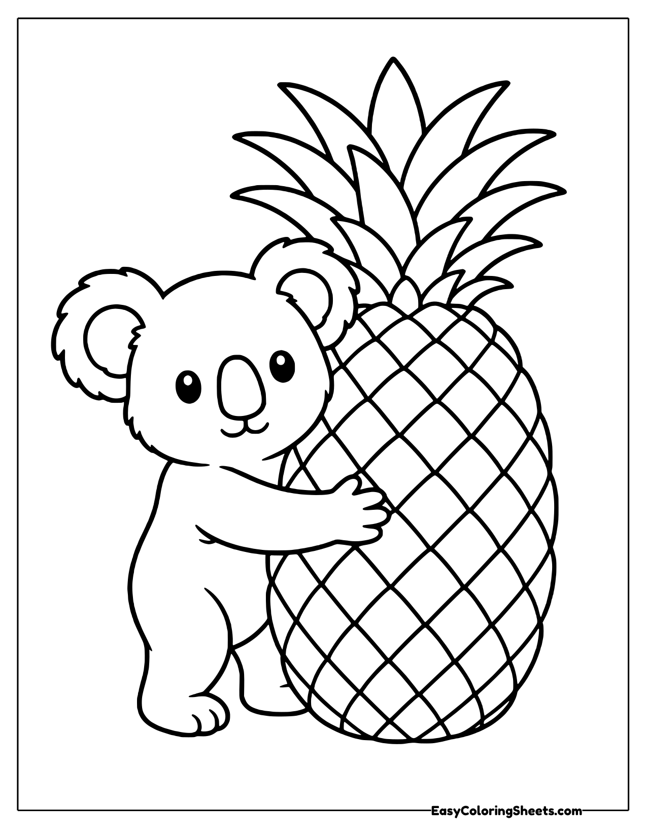 Fluffy koala standing up to hug a giant crisscross pineapple