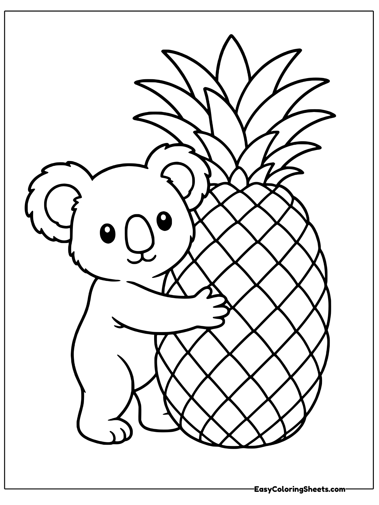 A fluffy koala with big round ears stands on its hind legs and wraps its arms around a giant pineapple.