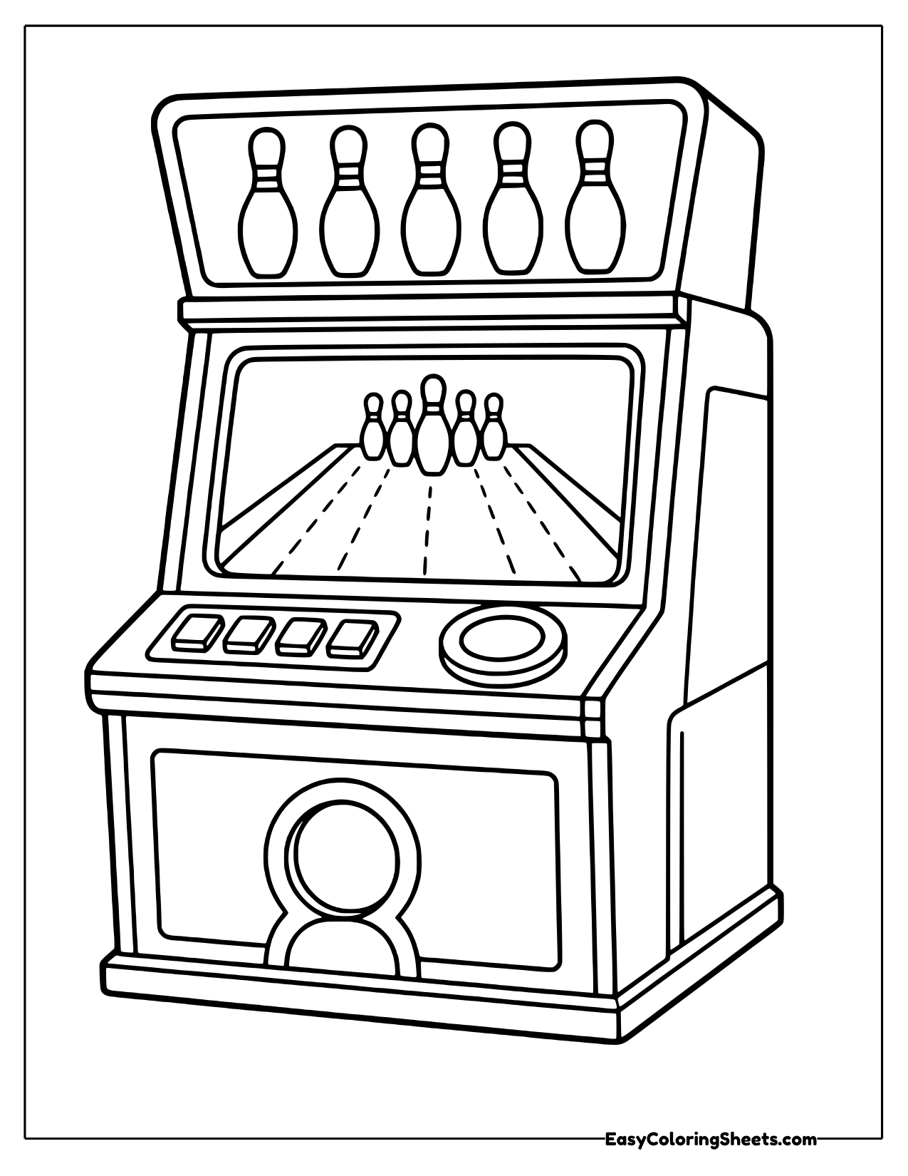 Bowling arcade cabinet with pins and a lane