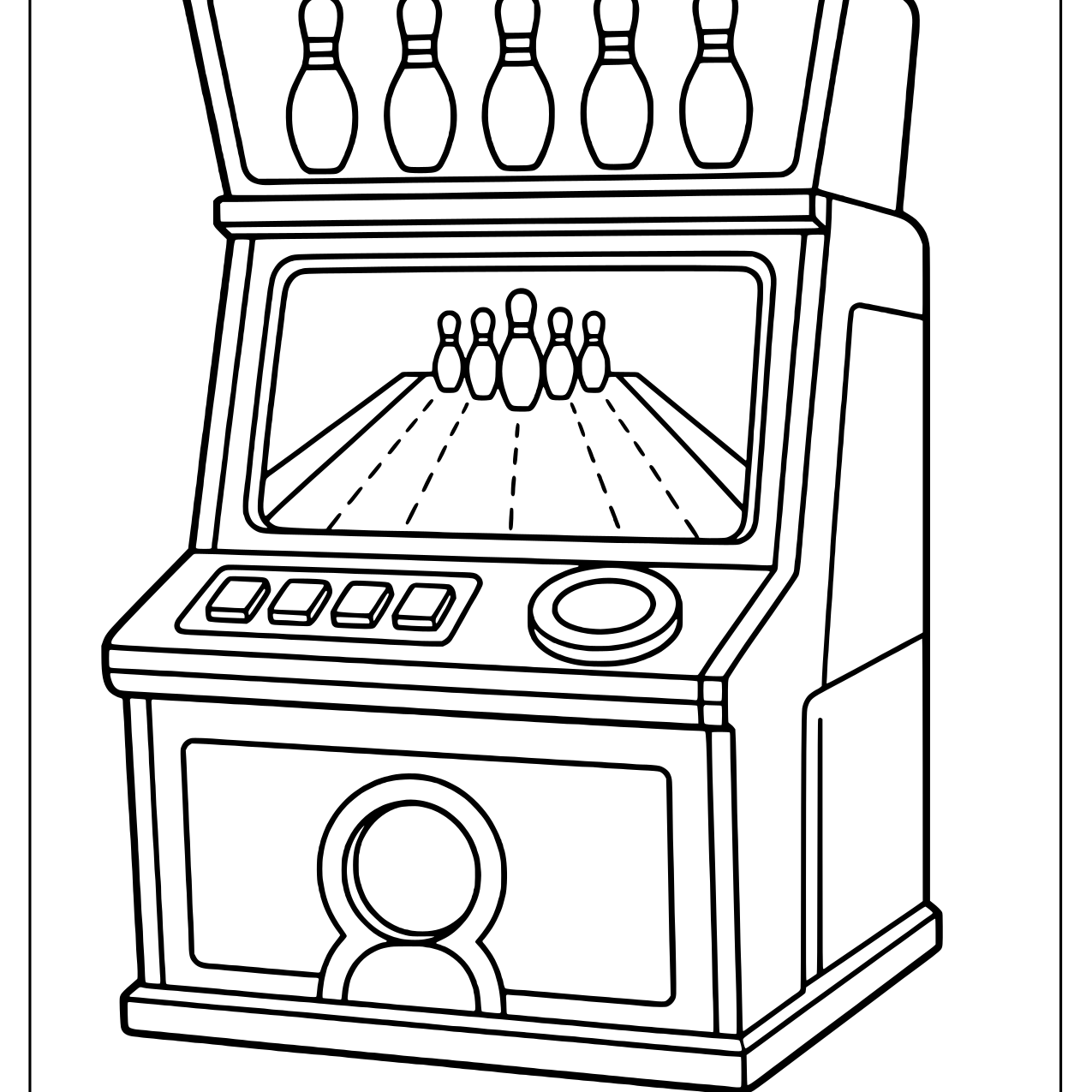 Bowling arcade cabinet with pins and a lane