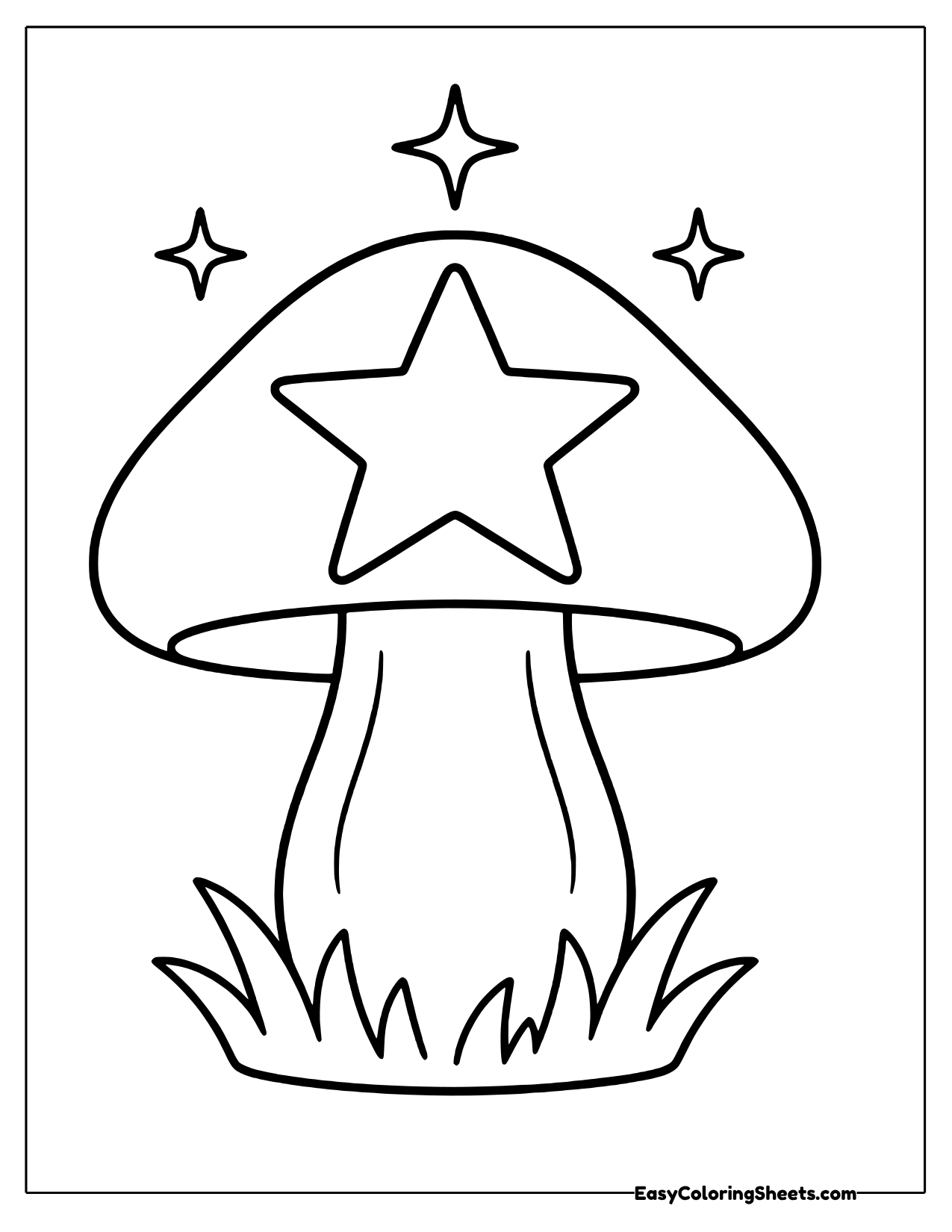 A tall mushroom with a big domed cap shows a star in the middle and grass at its base.