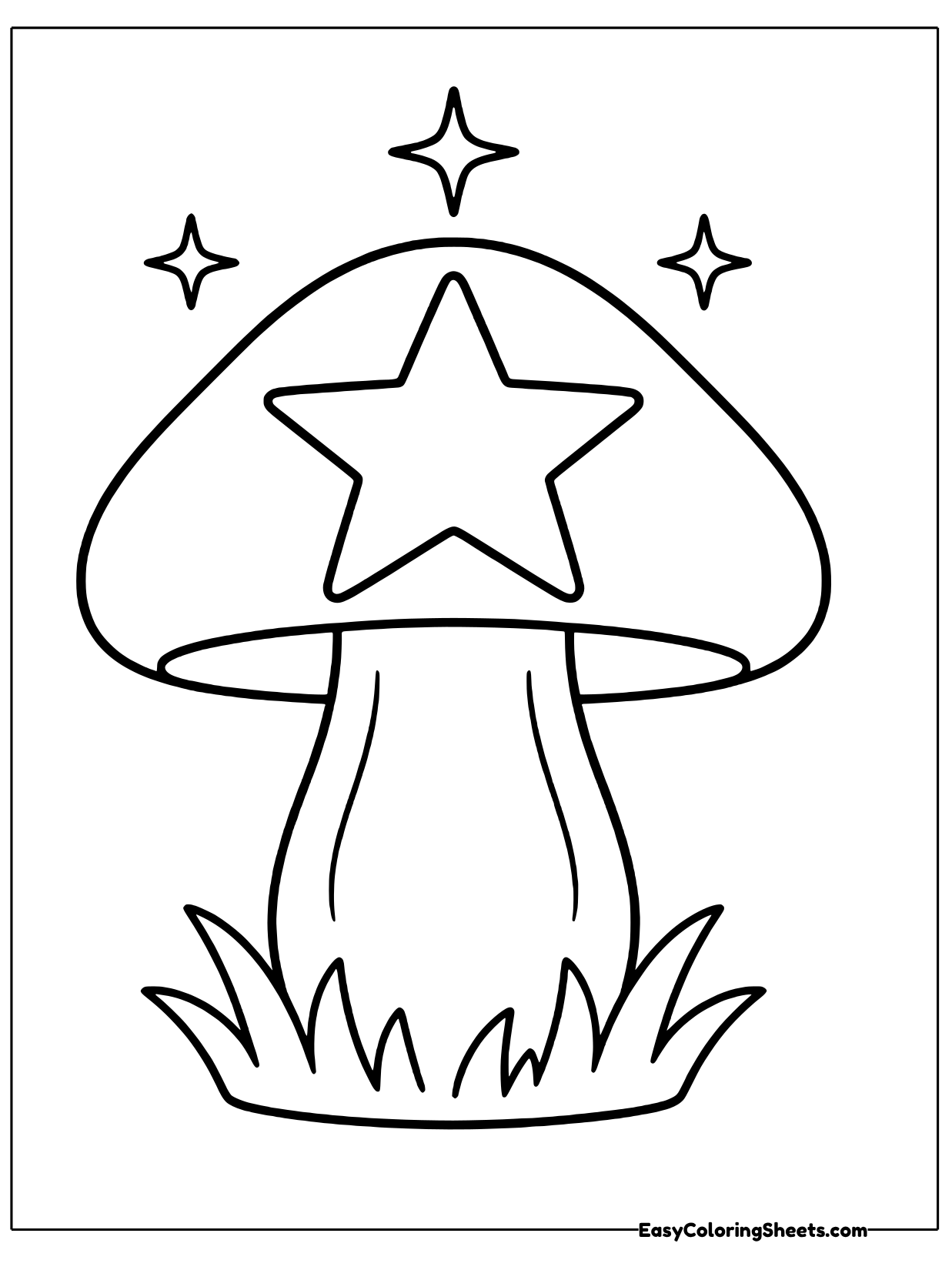 A tall mushroom with a big domed cap shows a star in the middle and grass at its base.