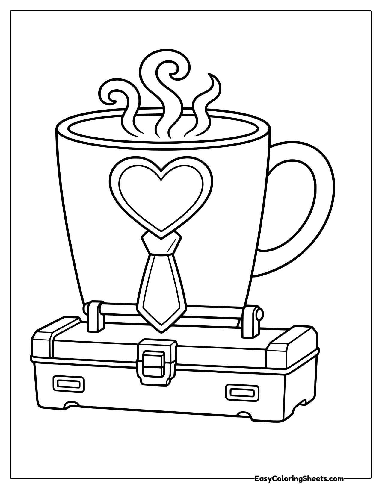 Steaming mug with a heart and necktie on it resting on a closed toolbox