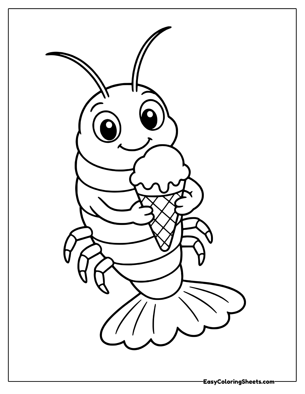 Happy cartoon shrimp holding an ice cream cone with one scoop