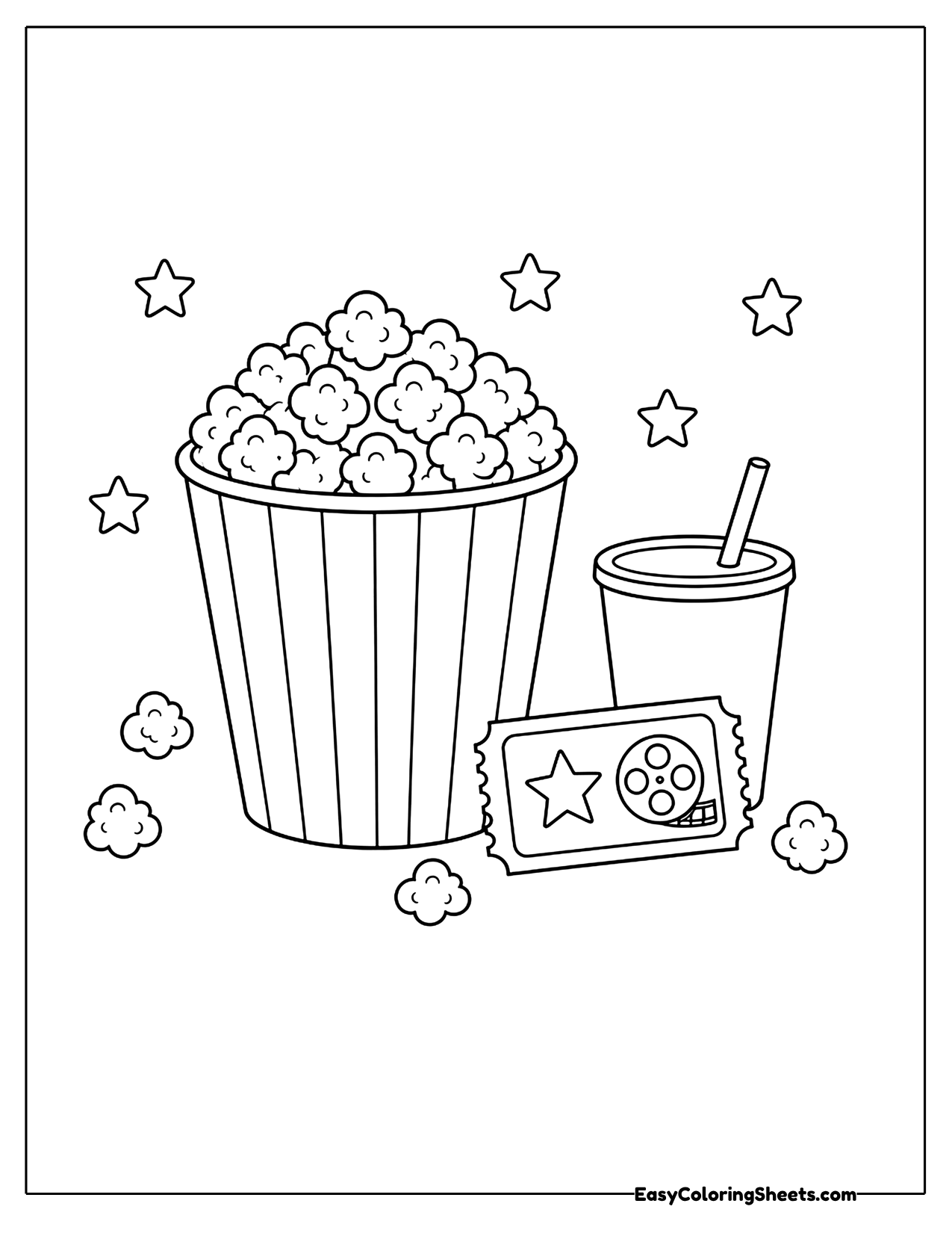 Popcorn bucket with a soda and a movie ticket