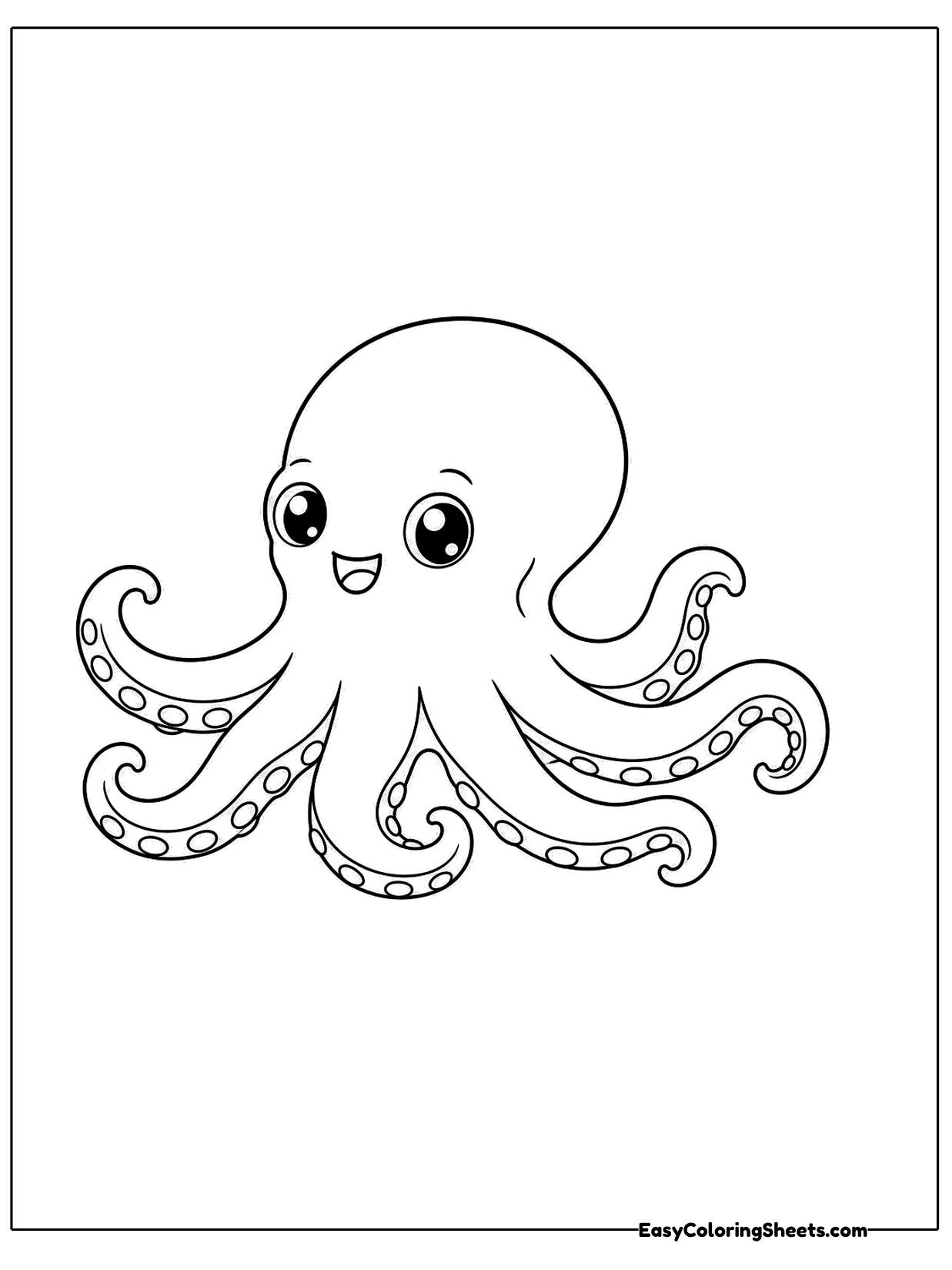 An octopus turns slightly to one side in a three quarter view, with its arms swirling beneath it.