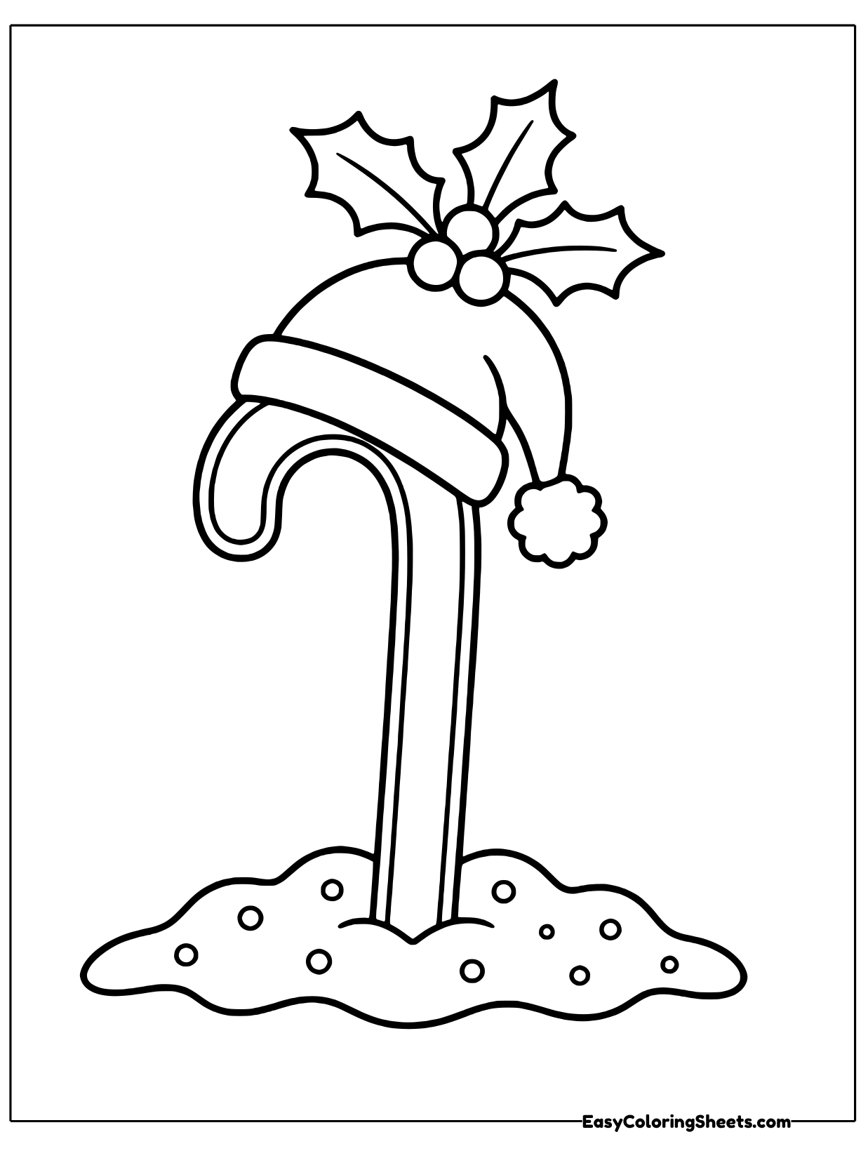A candy cane stands in a snowdrift wearing a fluffy Santa hat on its hook, with a holly sprig on top.
