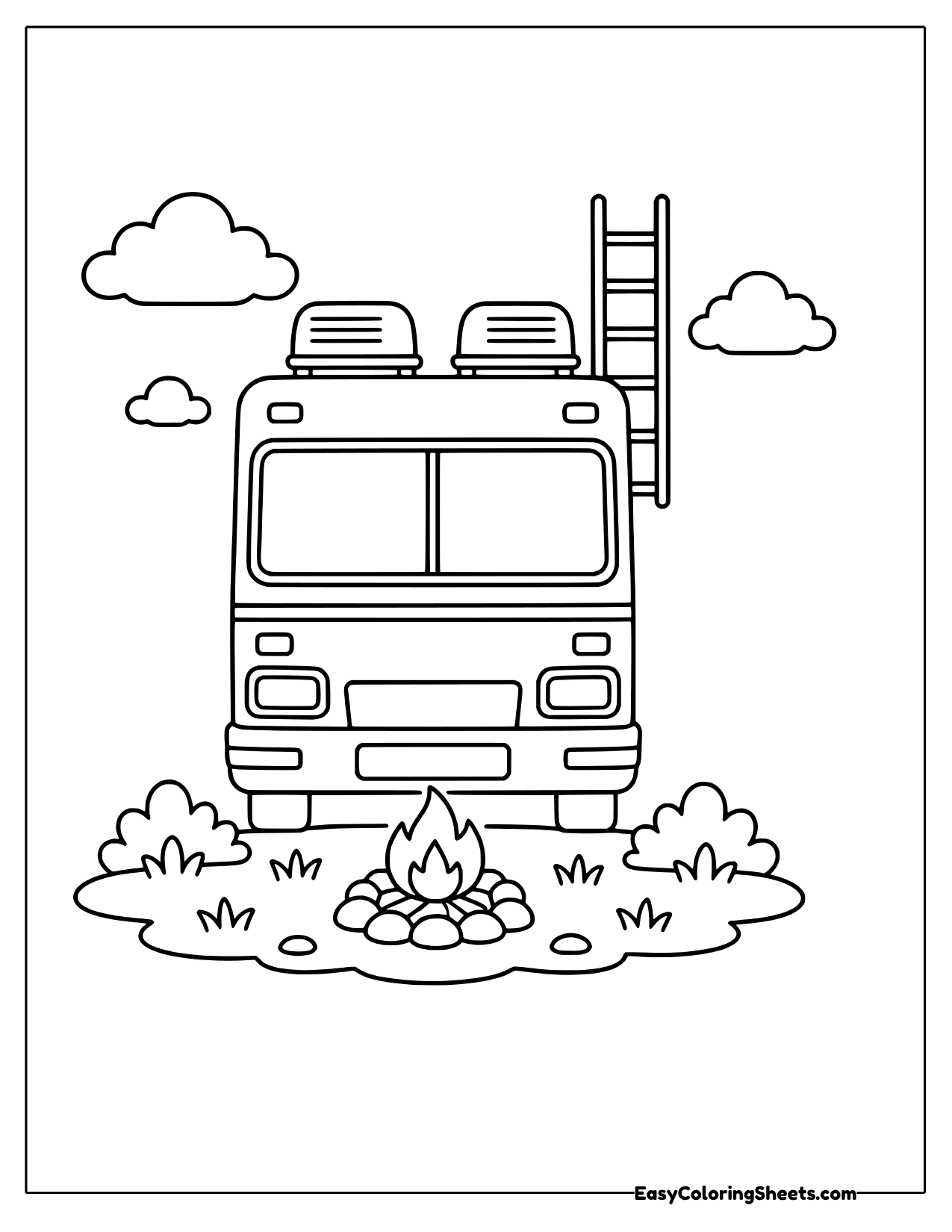 Motorhome with a roof ladder by a campfire