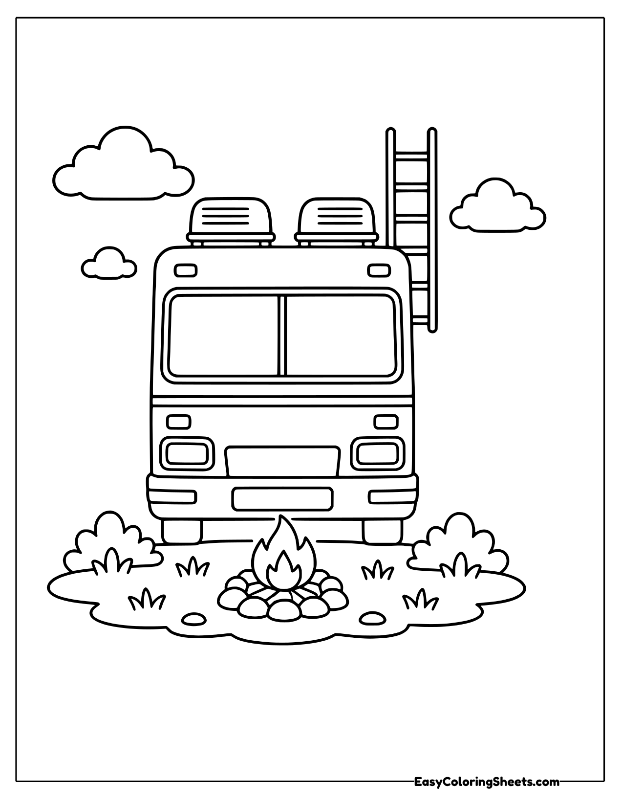 Motorhome with a roof ladder by a campfire