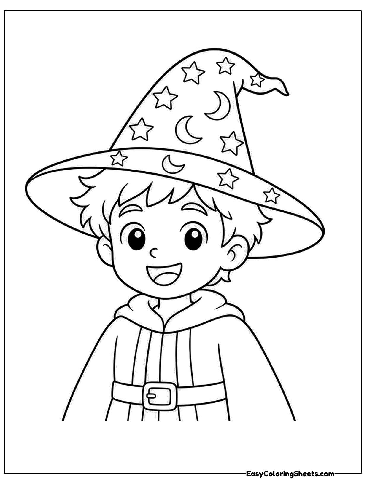 A cheerful boy wizard wears a tall hat decorated with stars and moons and a robe with a belt.
