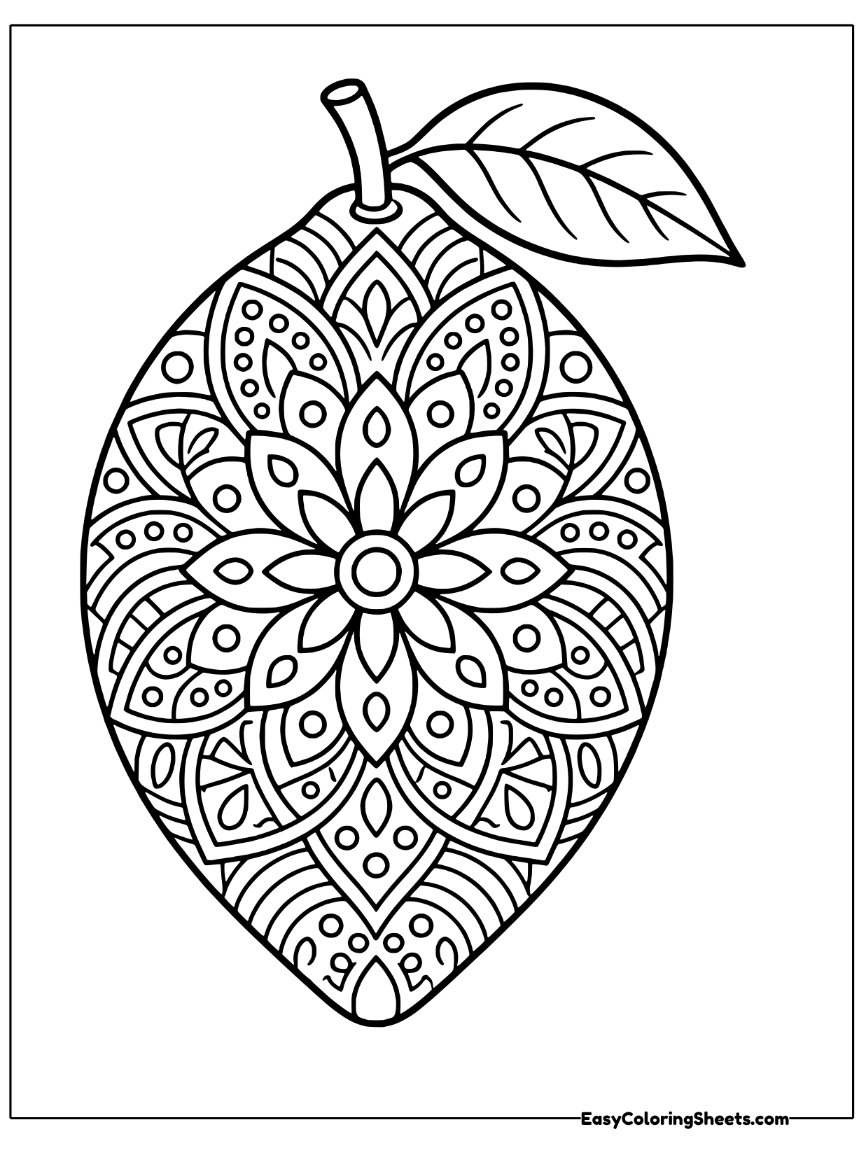 A large lemon shape with a leaf on top is filled with a detailed mandala of petals, swirls and tiny shapes.