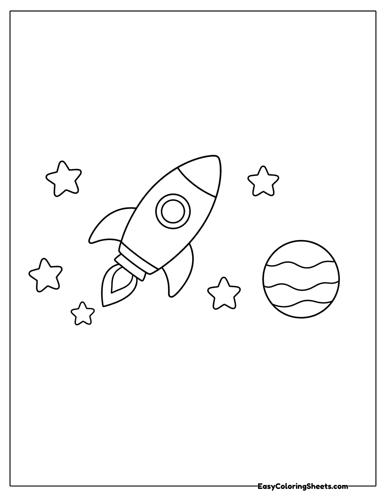 Rocket flying through space with planets