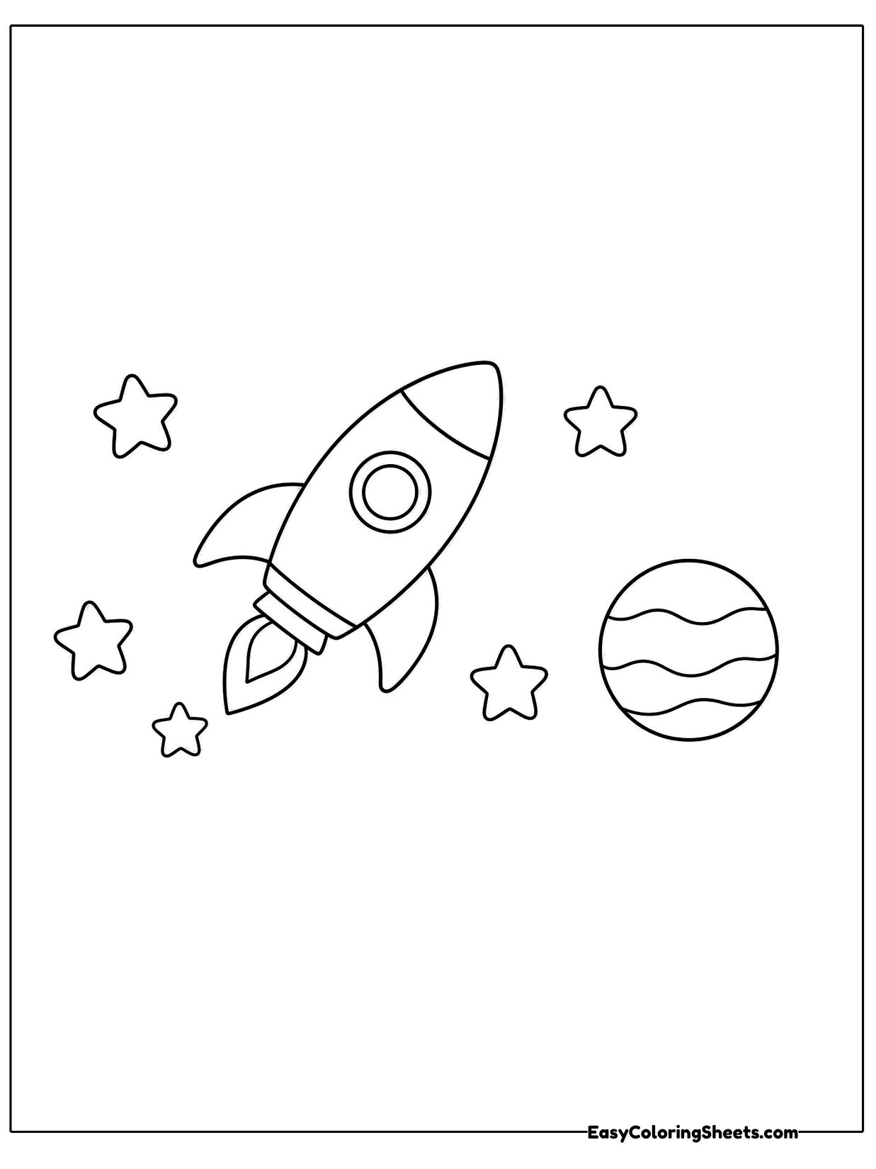 A small rocket zooms through space past stars and a striped planet.