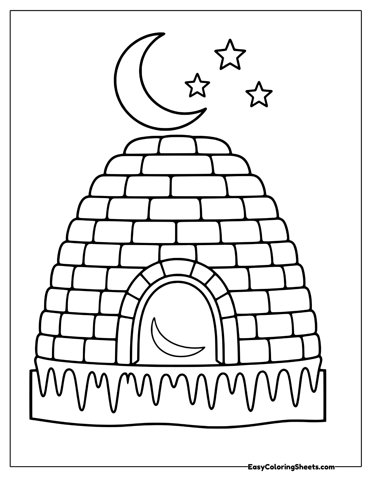 Igloo under a crescent moon and stars with icicles