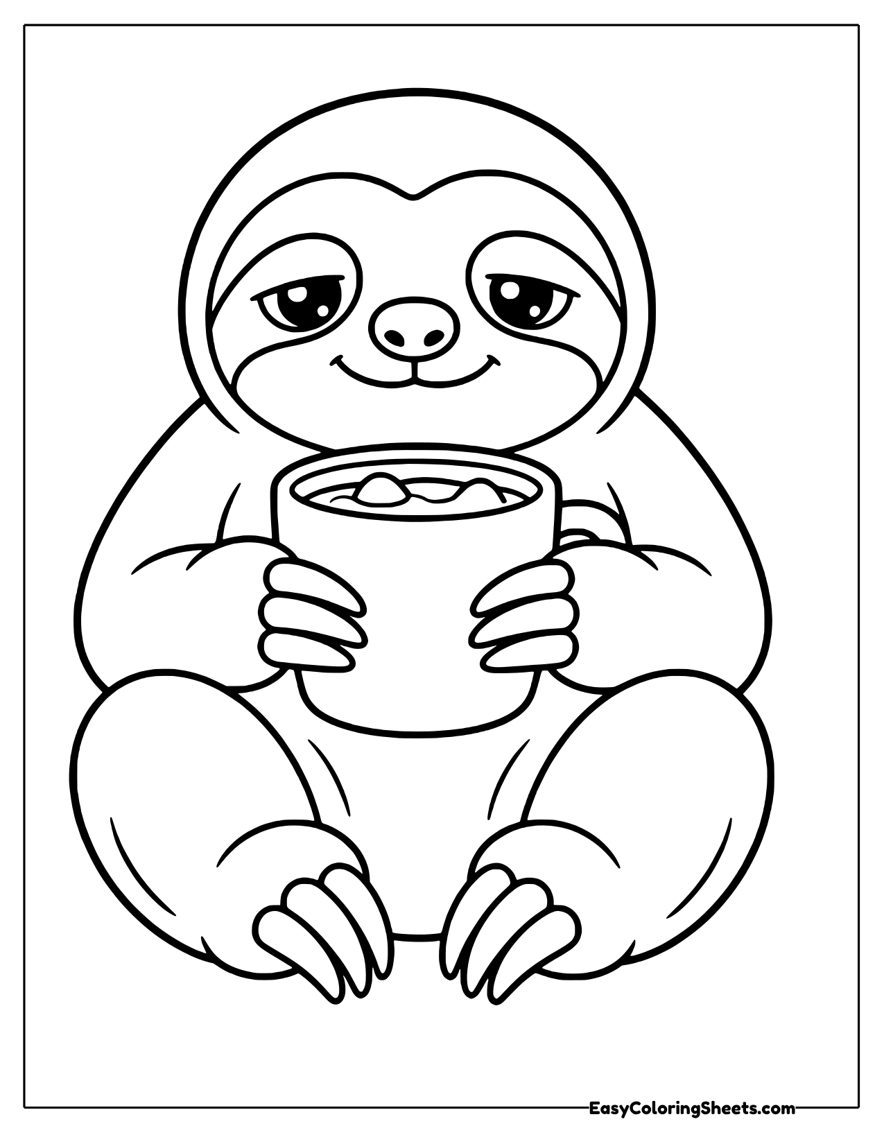 Sloth sitting and holding a mug of cocoa