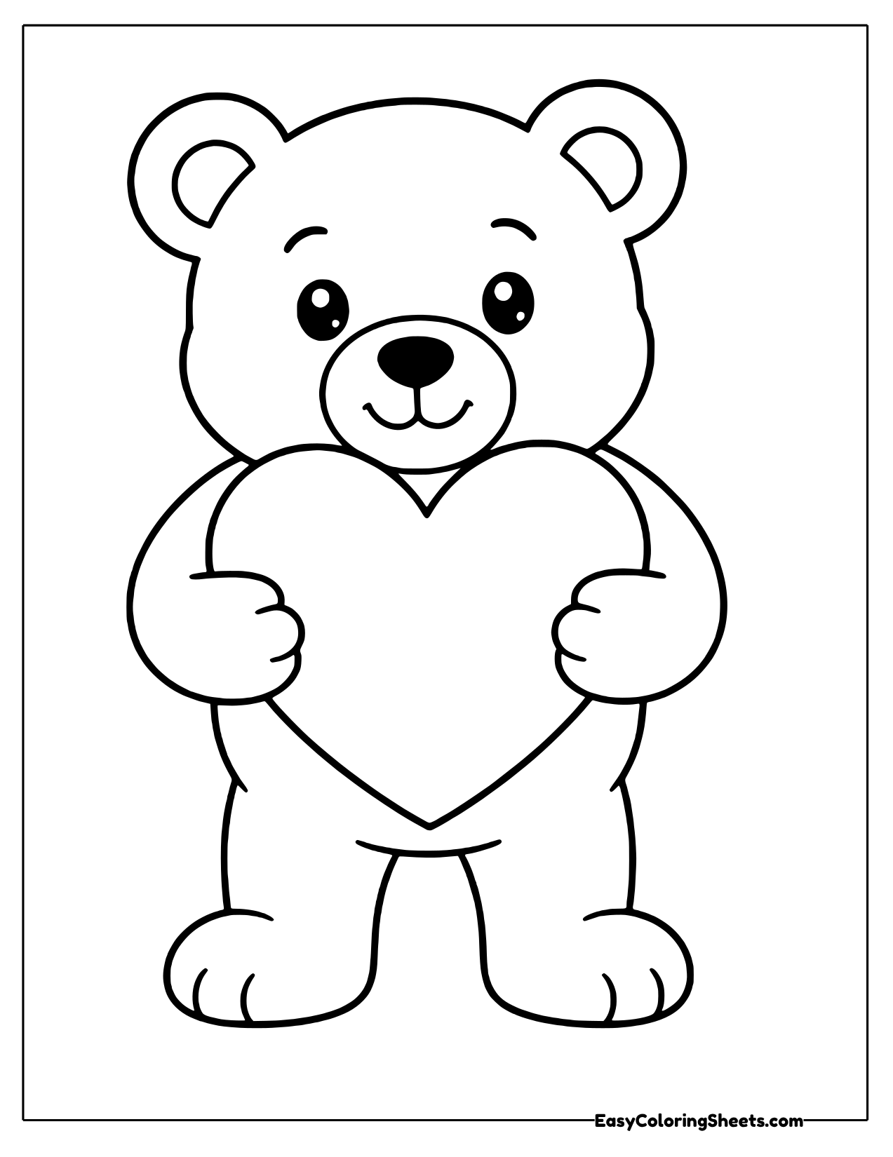 Chubby teddy bear standing and hugging a large heart