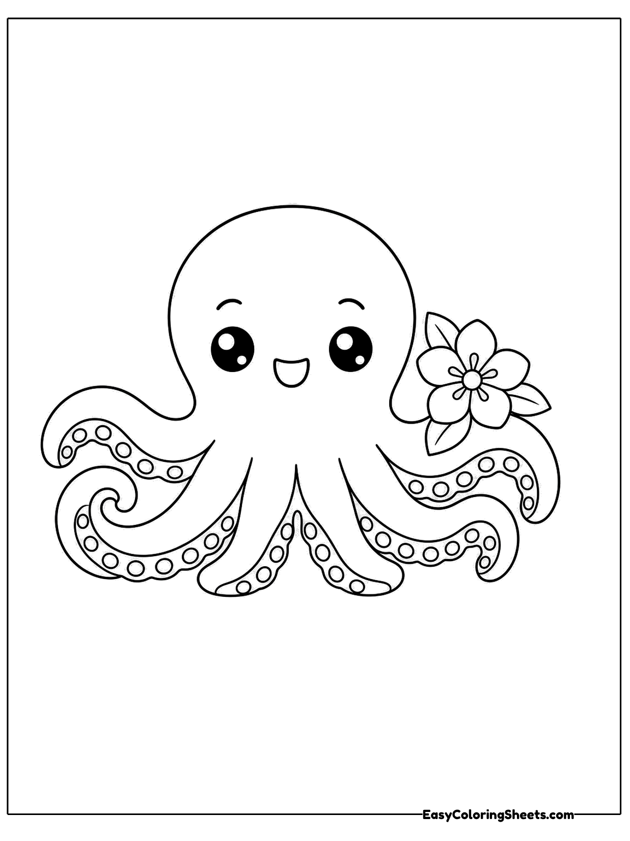 A smiling octopus wears a little flower beside its head, with its arms curled at the bottom.