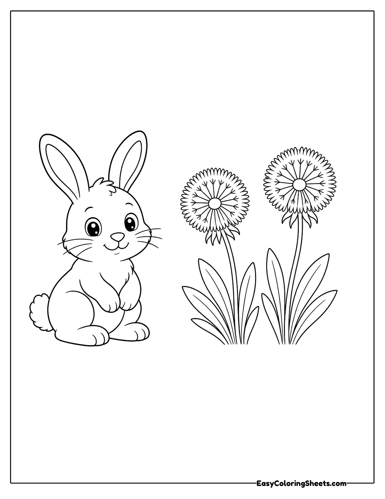 Bunny sitting beside two dandelion seed heads on tall stems