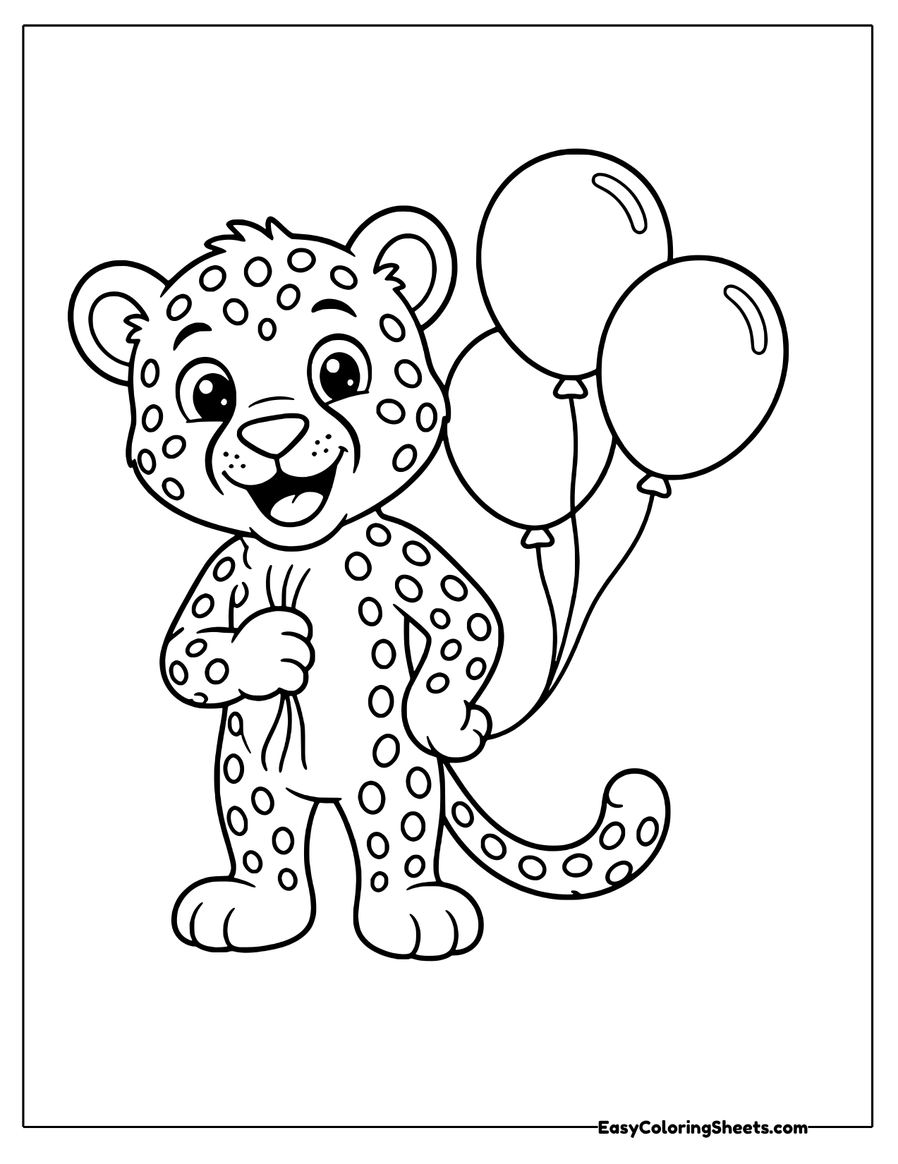 Cheerful cheetah holding the strings of three floating balloons