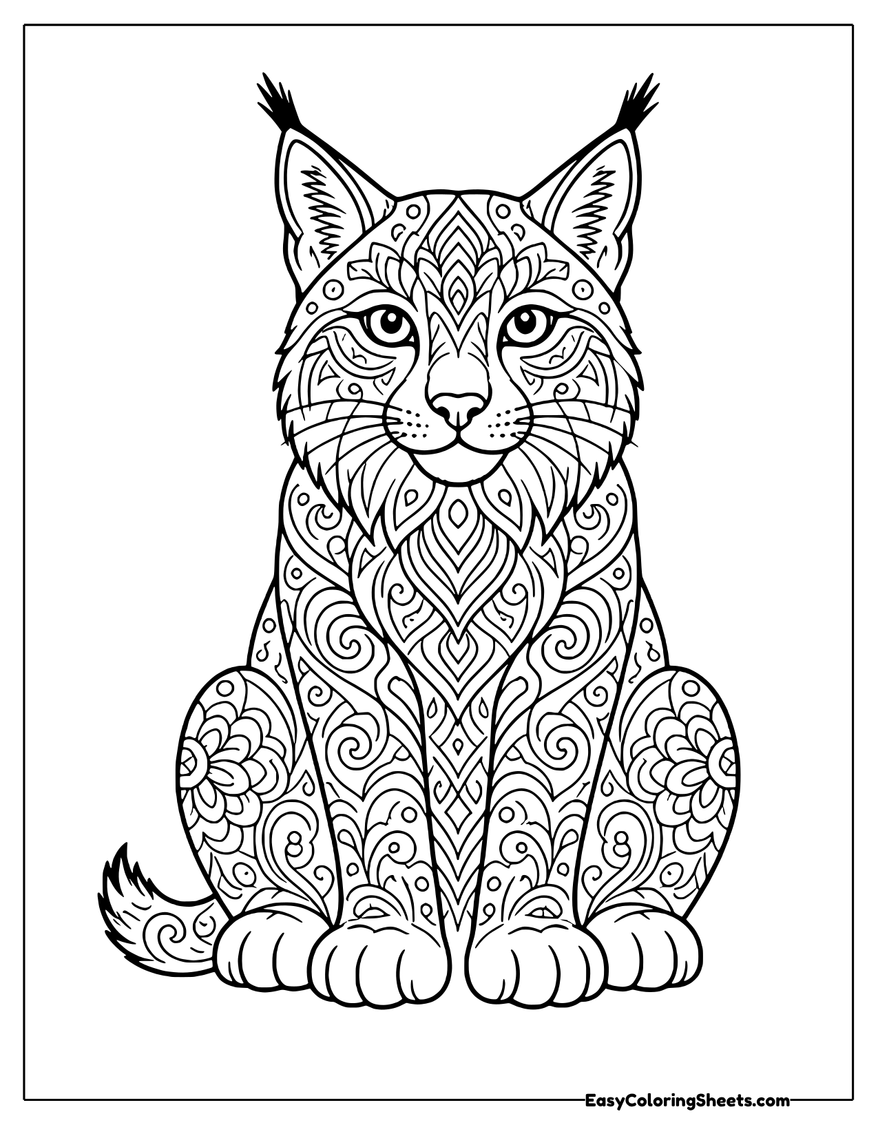 A front-facing lynx sits tall with its body filled with swirling decorative patterns, petals and scrolls.