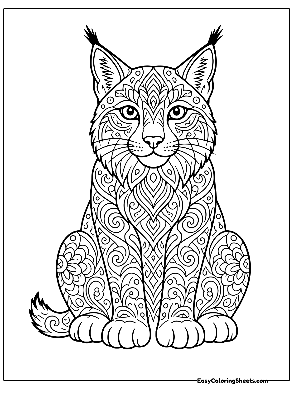 A front-facing lynx sits tall with its body filled with swirling decorative patterns, petals and scrolls.