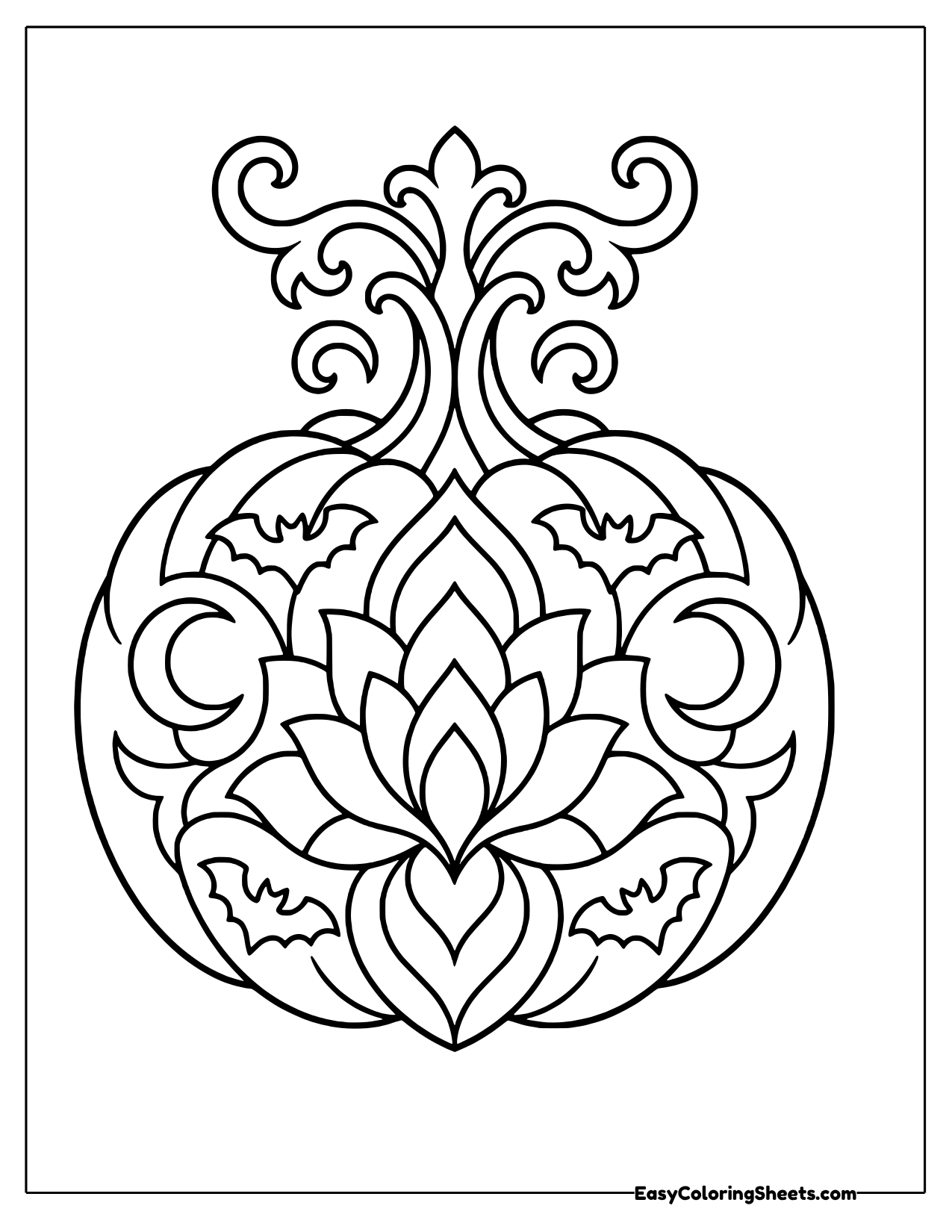 Pumpkin filled with a lotus mandala, small bats and swirling vines on top