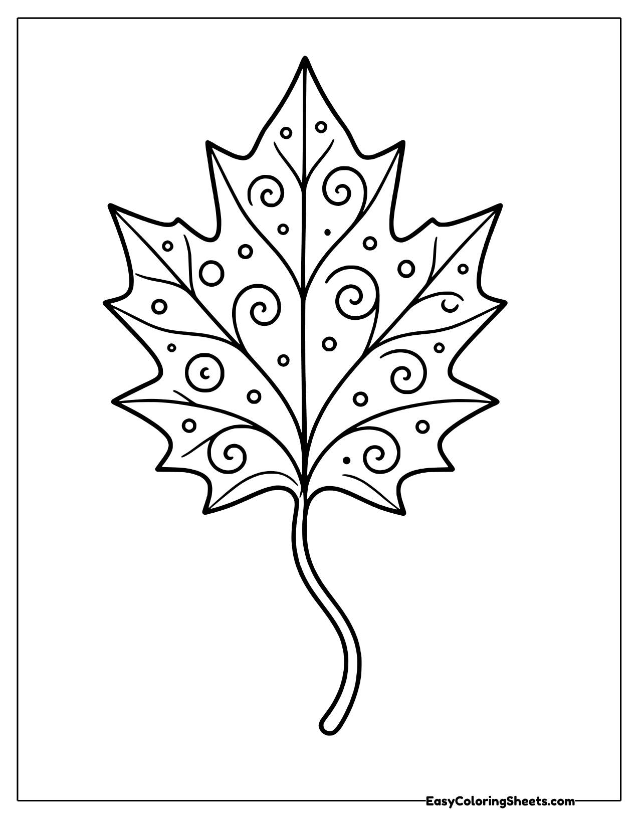 Decorated maple leaf with swirls on a curved stem
