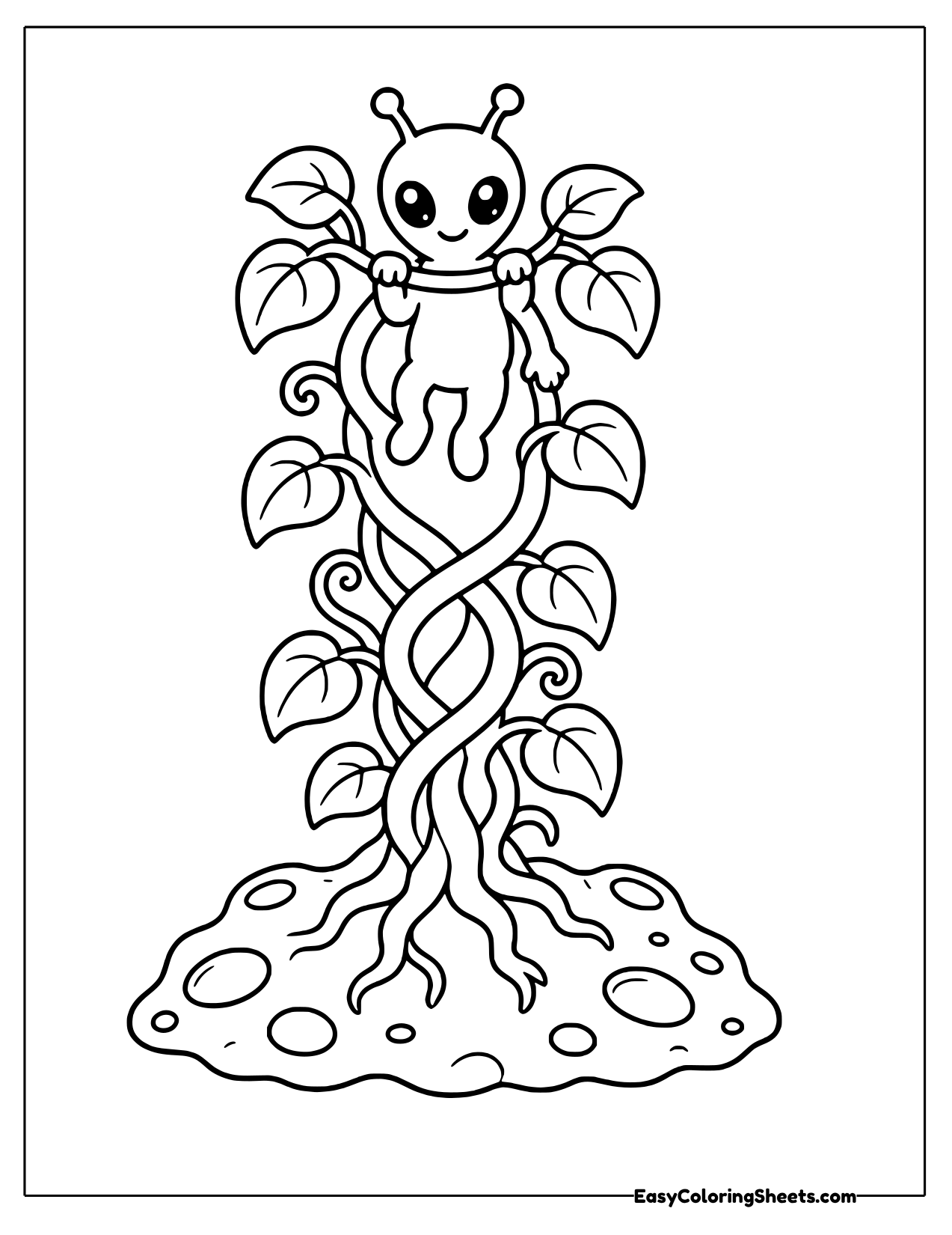 Alien sitting on top of a twisting leafy vine